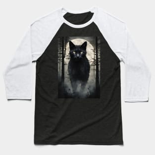 Black Cat in the Foggy Forest Vintage Art Baseball T-Shirt